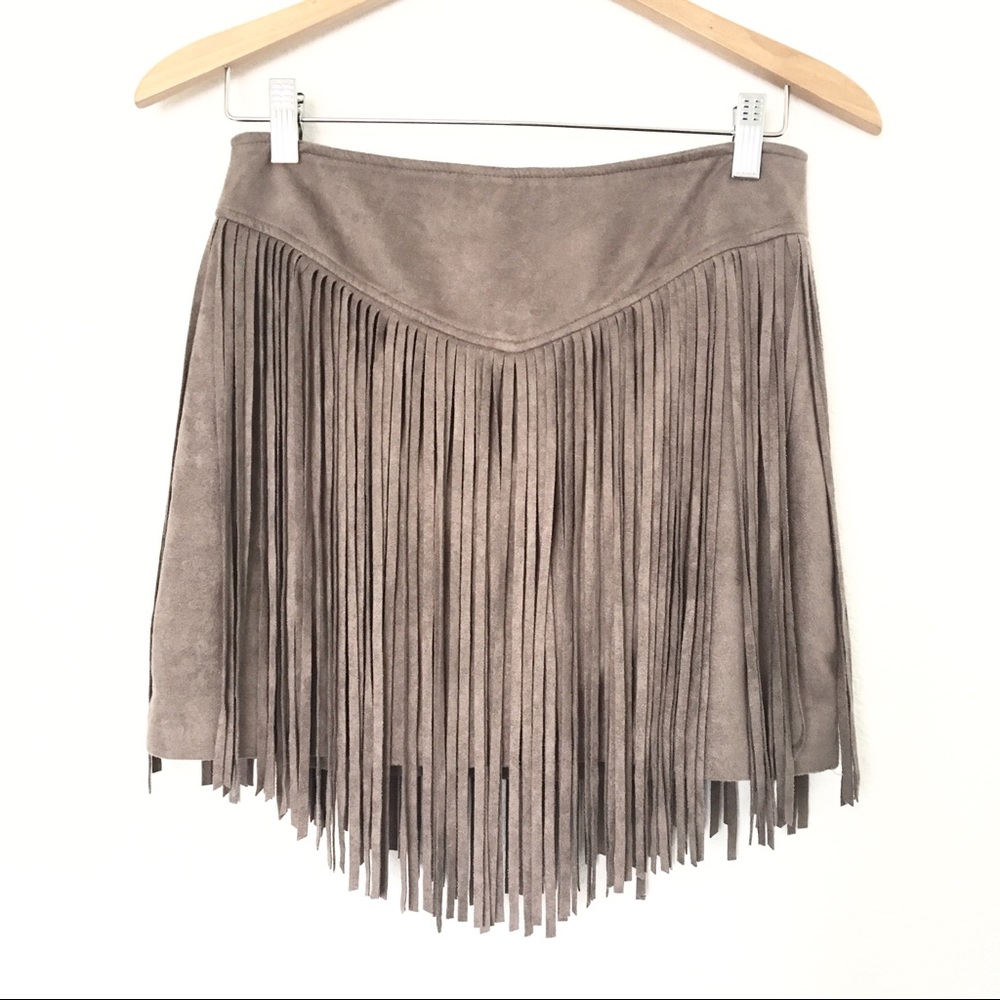 Show Me Your MuMu Taupe Suede Fringe Mini Skirt